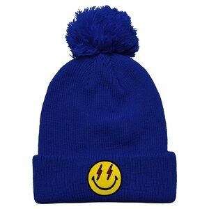 Aviator Nation Blue Bolt Smiley Pom Pom Rib Beanie